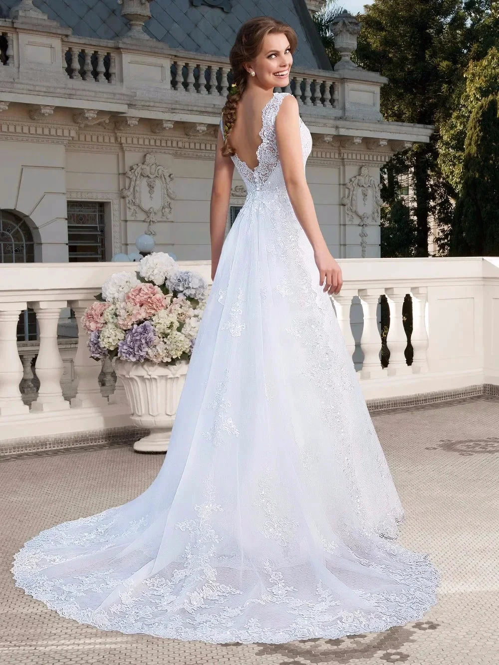 Elegant Appliques Vestido De Noiva Sexy Backless Vestidos De Novia Detachable Train Wedding Dresses Lace Robe De Mariée by payinti