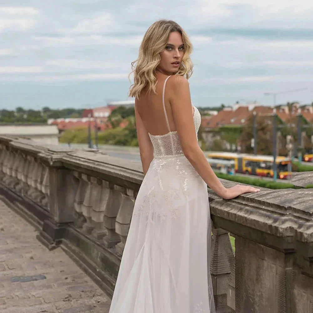 Elegant Beach Wedding Dresses High Slits Tulle Bohemian Lace Applique Robes De Mariee Backless Bridal Gowns Robe De Vestido by payinti