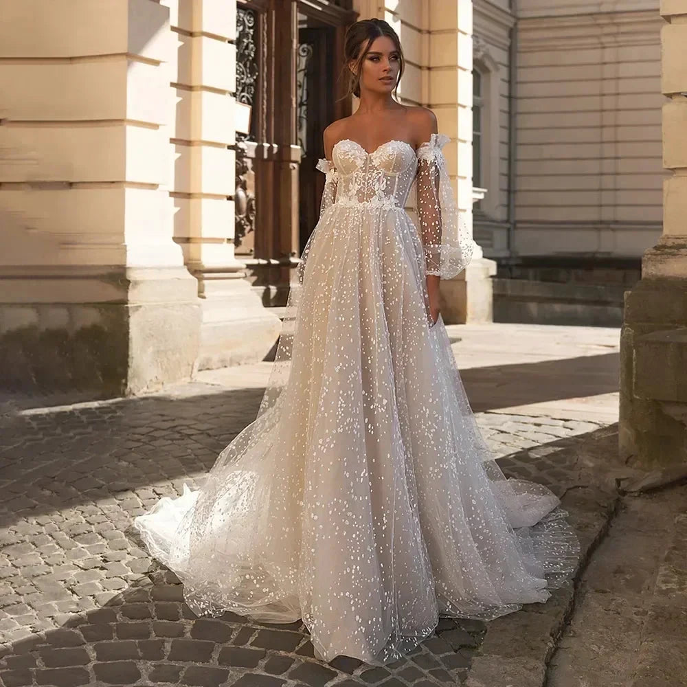 Elegant Beige Card Shoulder Long Sleeve Bridal Sweetheart Tulle Applique Sequin Floor-A line Wedding Evening Gown with Women by payinti