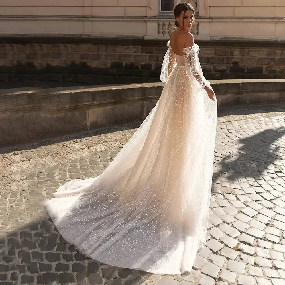 Elegant Beige Card Shoulder Long Sleeve Bridal Sweetheart Tulle Applique Sequin Floor-A line Wedding Evening Gown with Women by payinti