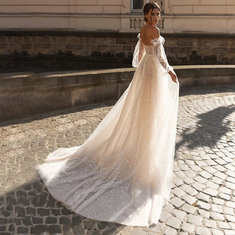 Elegant Beige Card Shoulder Long Sleeve Bridal Sweetheart Tulle Applique Sequin Floor-A line Wedding Evening Gown with Women
