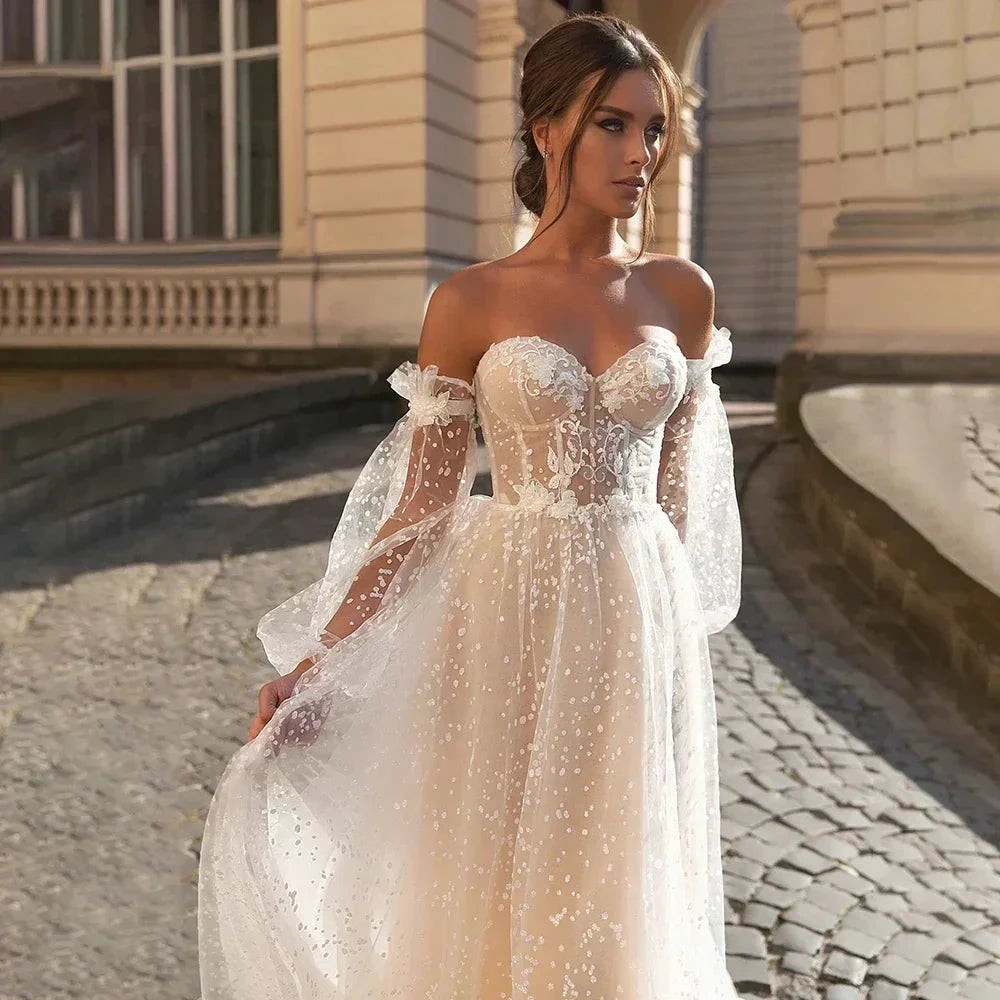 Elegant Beige Card Shoulder Long Sleeve Bridal Sweetheart Tulle Applique Sequin Floor-A line Wedding Evening Gown with Women by payinti