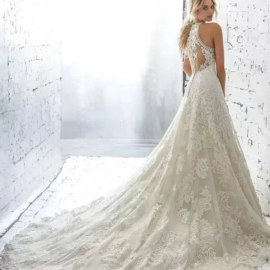 Elegant Beige Gown with Halter Lace A-LINE Sleeveless Cut-out Sweep Train Floor-Length Evening Gown for Women vestidos de novia by payinti