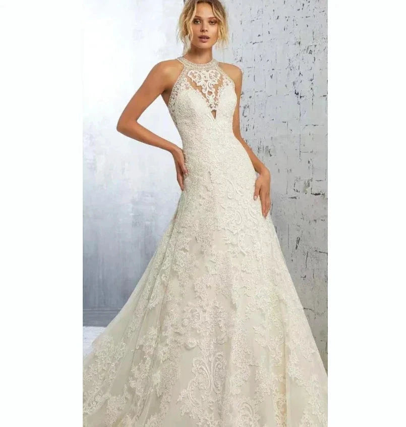Elegant Beige Gown with Halter Lace A-LINE Sleeveless Cut-out Sweep Train Floor-Length Evening Gown for Women vestidos de novia by payinti