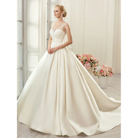 Elegant Beige Gown with Satin Lace Crew-Neck Wide Strap Sleeveless Floor-Length Evening Gown for Women vestidos de novia