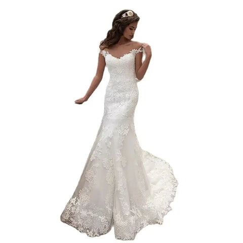 Elegant Beige Satin Off-Shoulder Straps Embroidered for Bride's Mermaid Floor-Length Dress with for Women's Wedding Evening Gown