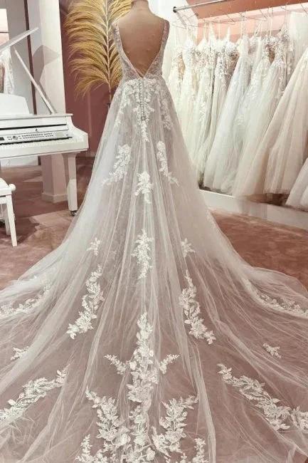 Elegant Boho V-neck A-line Spaghetti Straps Backless Wedding Dress with Lace by misshow.com