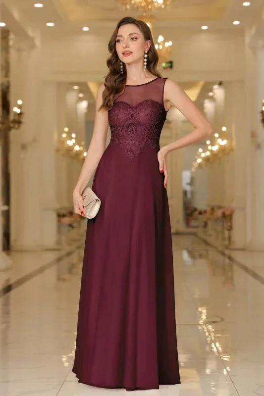 Elegant Chiffon Sleevless Evening Dress Scoop Neck Lace Apliques Bridesmaid Dress by misshow.com
