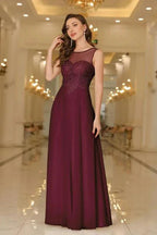 Elegant Chiffon Sleevless Evening Dress Scoop Neck Lace Apliques Bridesmaid Dress by misshow.com