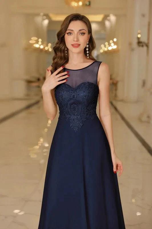 Elegant Chiffon Sleevless Evening Dress Scoop Neck Lace Apliques Bridesmaid Dress by misshow.com