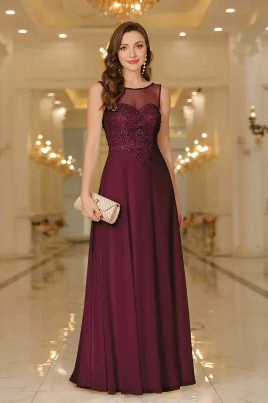 Elegant Chiffon Sleevless Evening Dress Scoop Neck Lace Apliques Bridesmaid Dress by misshow.com