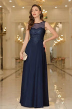 Elegant Chiffon Sleevless Evening Dress Scoop Neck Lace Apliques Bridesmaid Dress by misshow.com