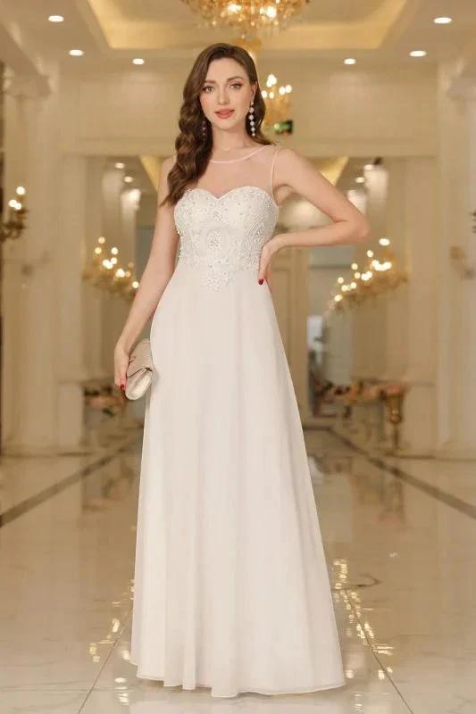 Elegant Chiffon Sleevless Evening Dress Scoop Neck Lace Apliques Bridesmaid Dress by misshow.com