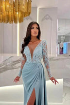 Elegant Column Floor-Length Split Front Long Sleeve V-Neck Stain Prom Dresses with Lace by misshow.com