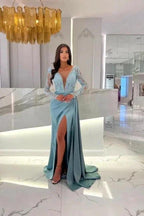 Elegant Column Floor-Length Split Front Long Sleeve V-Neck Stain Prom Dresses with Lace by misshow.com
