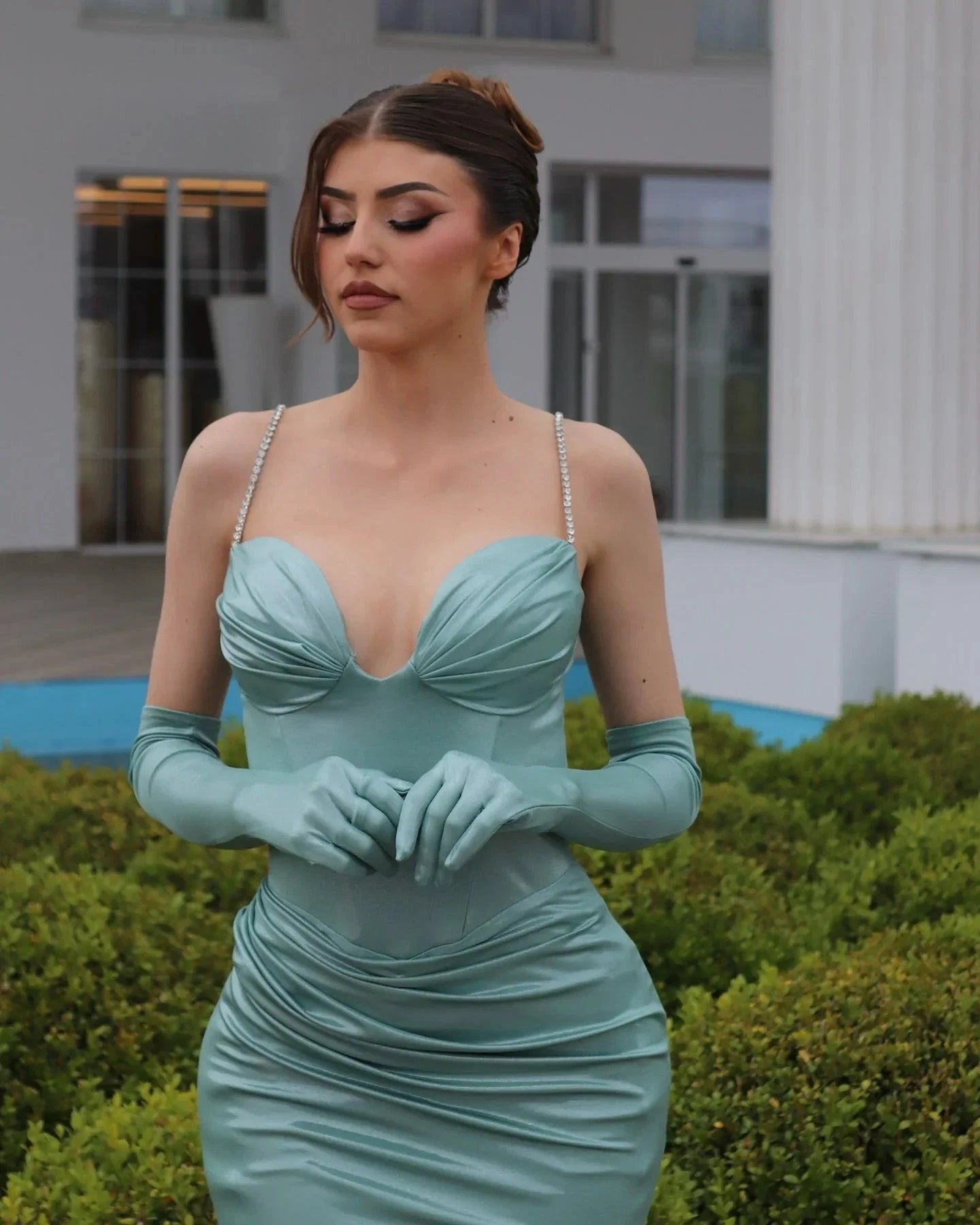 Elegant Column Spaghetti Straps Sweetheart Sleeveless Ruffles Satin Prom Dresses by misshow.com
