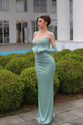 Elegant Column Spaghetti Straps Sweetheart Sleeveless Ruffles Satin Prom Dresses by misshow.com