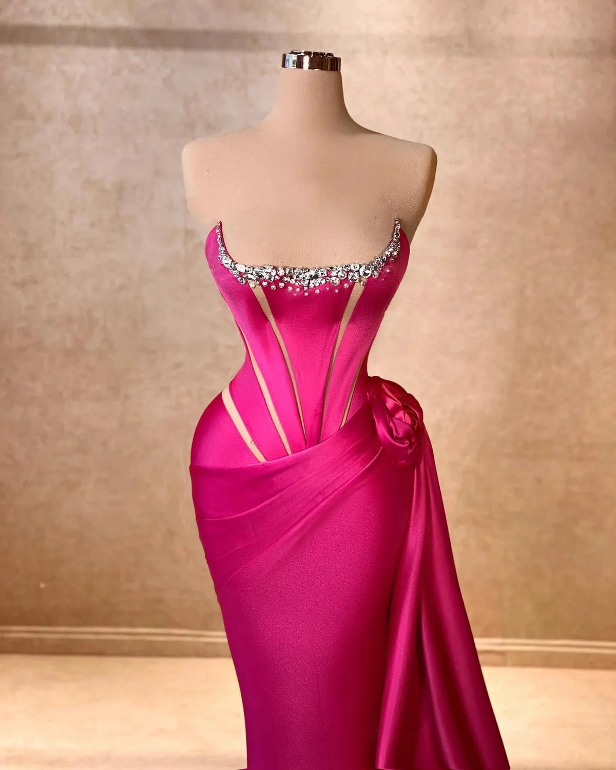 Elegant Column Square Sleeveless Rhinestone Satin Fuchsia Long Prom Dress by misshow.com