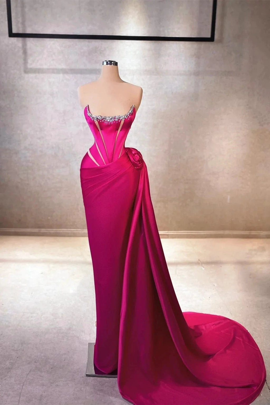 Elegant Column Square Sleeveless Rhinestone Satin Fuchsia Long Prom Dress by misshow.com