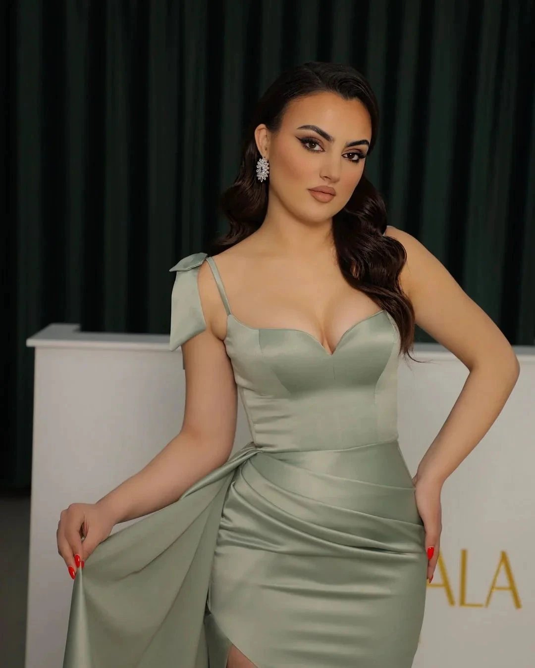 Elegant Dusty Sage Sweetheart Split From Prom Dress with Ruffles by misshow.com