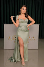 Elegant Dusty Sage Sweetheart Split From Prom Dress with Ruffles by misshow.com