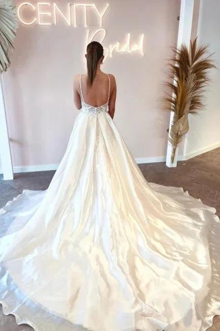 Elegant Floor-Length Spaghetti Straps V-Neck Sleeveless A-Line Wedding Dresses with Appliques by misshow.com