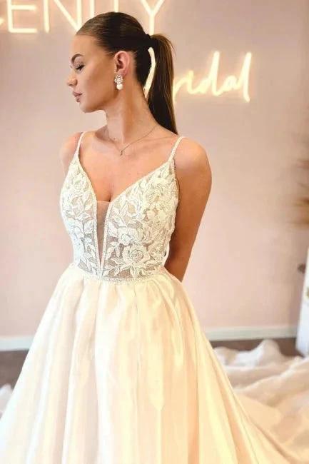 Elegant Floor-Length Spaghetti Straps V-Neck Sleeveless A-Line Wedding Dresses with Appliques by misshow.com