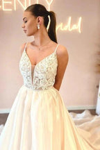 Elegant Floor-Length Spaghetti Straps V-Neck Sleeveless A-Line Wedding Dresses with Appliques by misshow.com