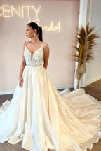 Elegant Floor-Length Spaghetti Straps V-Neck Sleeveless A-Line Wedding Dresses with Appliques by misshow.com