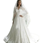 Elegant Italian white bridal dress V-neck stand-up collar lace applique long sleeve satin button Saudi Arabian trouw jurken dame by payinti
