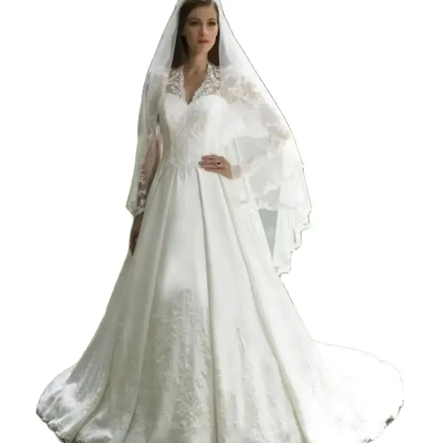 Elegant Italian white bridal dress V-neck stand-up collar lace applique long sleeve satin button Saudi Arabian trouw jurken dame by payinti