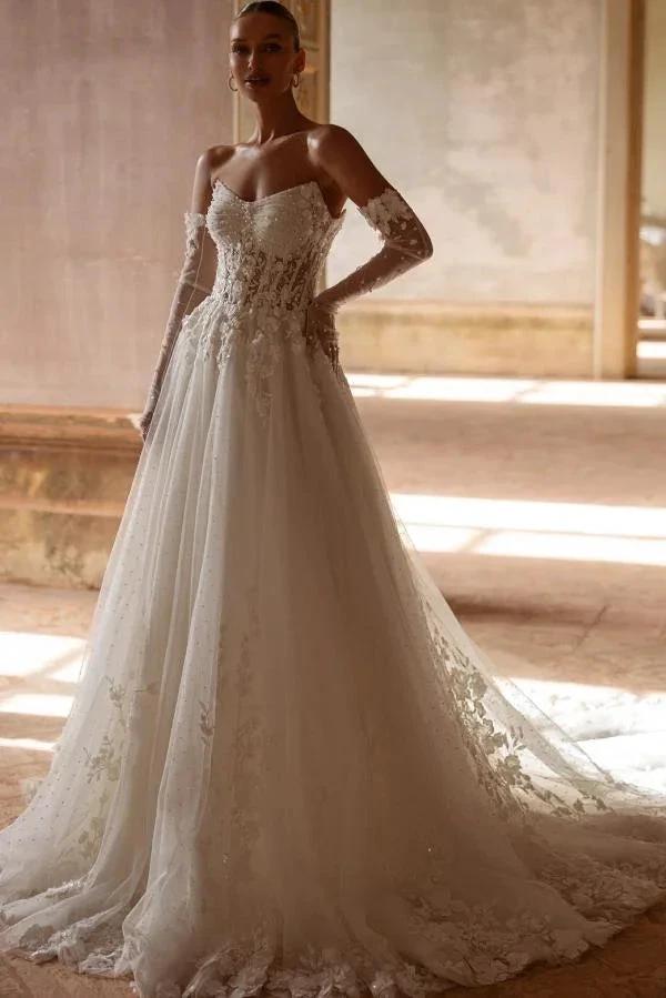 Elegant Ivory Long A-Line Strapless Lace Sweetheart Wedding Dresses by BIZTUNNEL