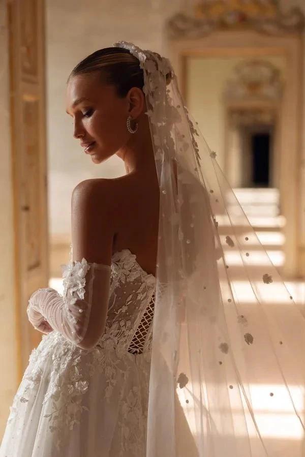 Elegant Ivory Long A-Line Strapless Lace Sweetheart Wedding Dresses by BIZTUNNEL