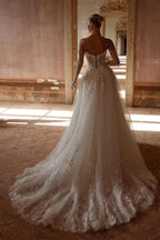 Elegant Ivory Long A-Line Strapless Lace Sweetheart Wedding Dresses by BIZTUNNEL