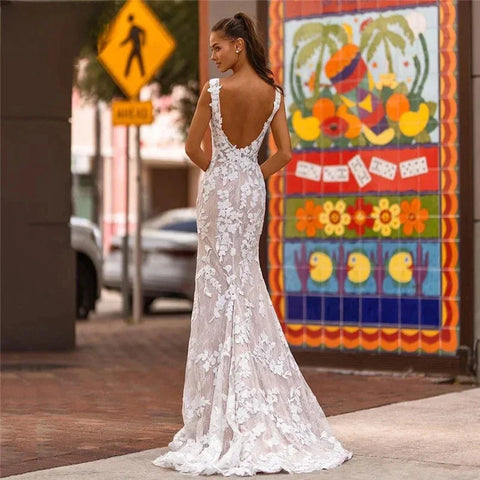 Elegant Lace Mermaid Vestidos De Novia Beach Open Back Sleeveless Wedding Dresses Appliques Vestido De Noiva