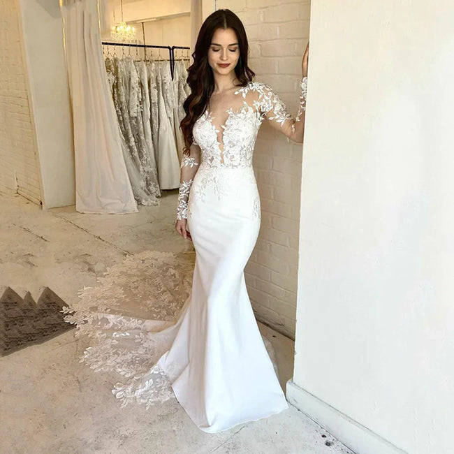 Elegant Lace Mermaid Wedding Dresses For Women Long Sleeve Lace Appliqued Bridal Gown Illusion Back Ivory Vestido De Novias Hover Image