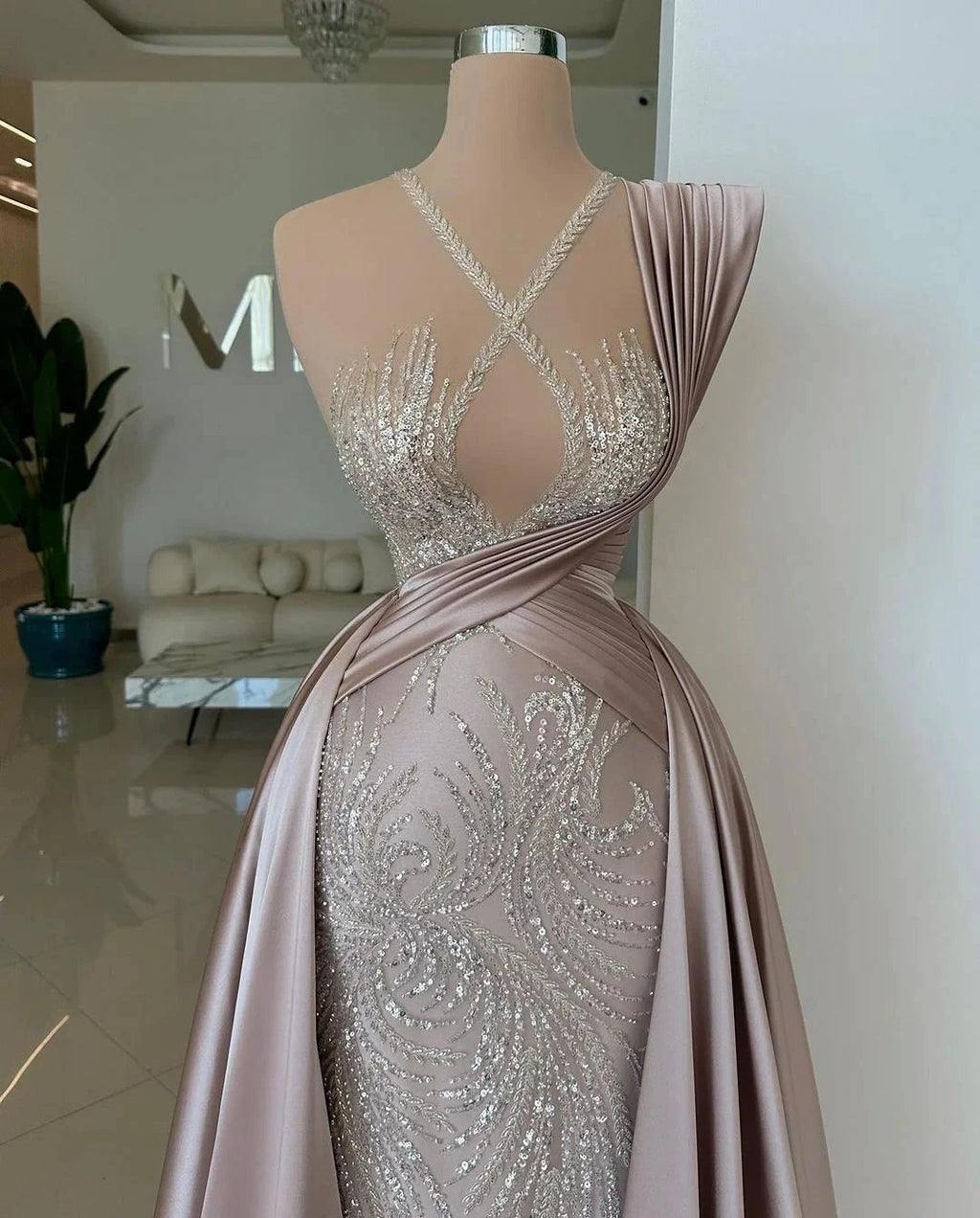 Elegant Long A-line Sequined Lace Sleeveless Satin Prom Dress by misshow.com