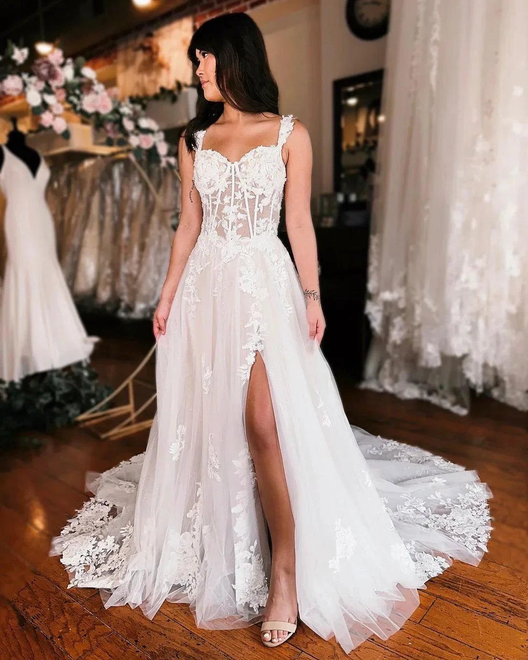 Elegant Long A-line Straps Sleeveless Lace Wedding Dress With Slit by misshow.com