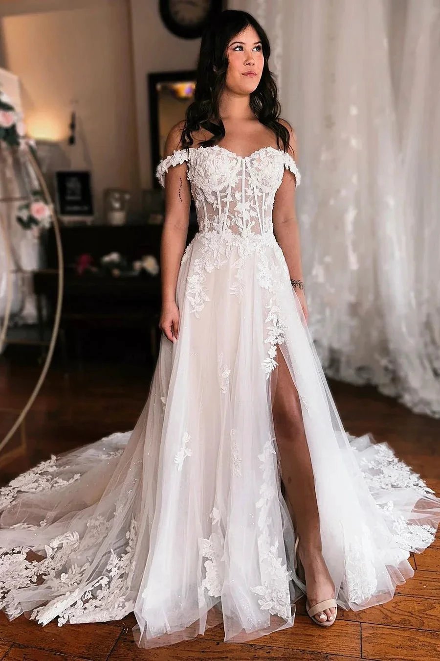 Elegant Long A-line Straps Sleeveless Lace Wedding Dress With Slit by misshow.com