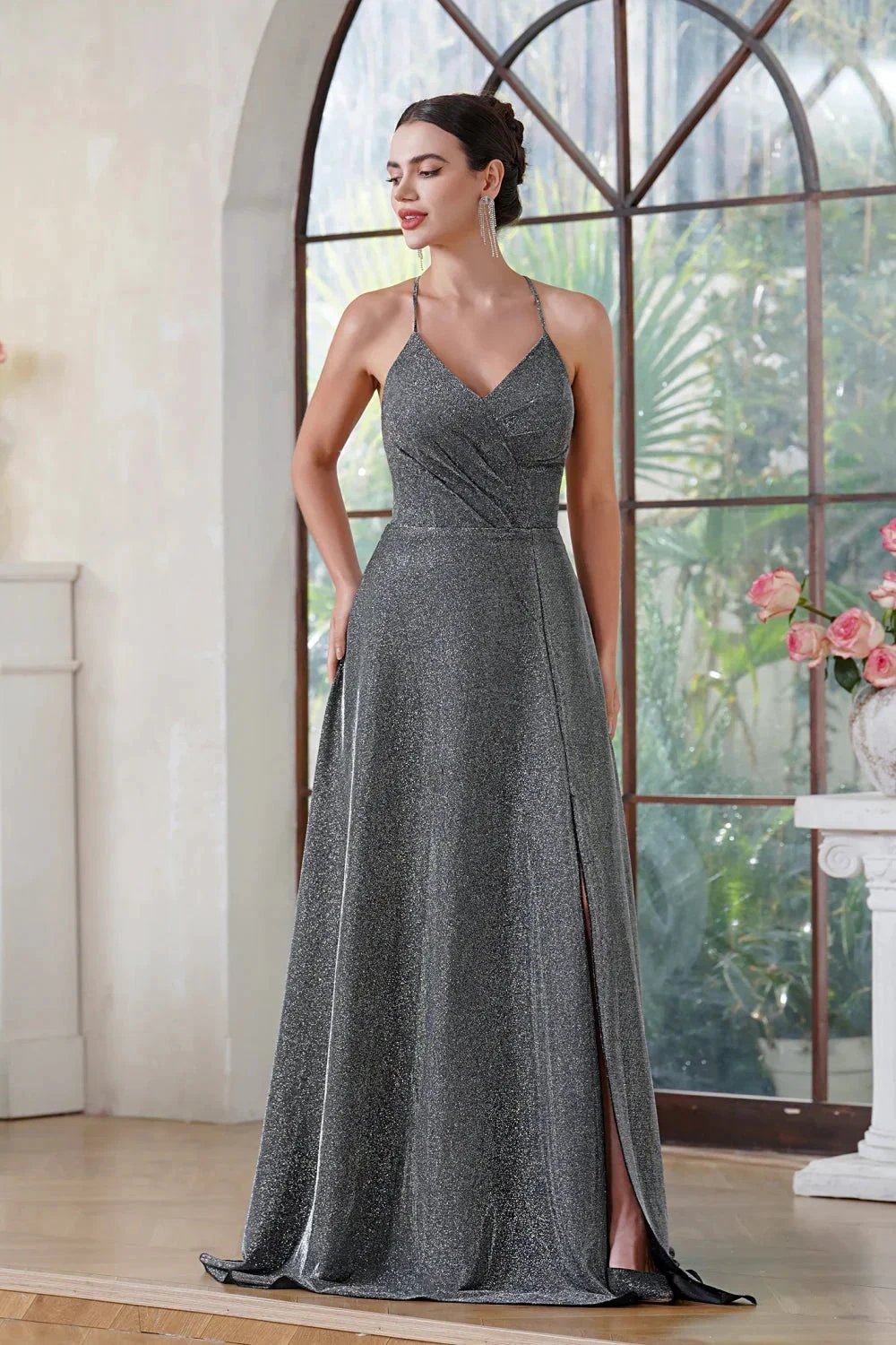Elegant Long A-line V-Neck Halter Shiny Silk Prom Dress With Side Slit Party Dress with Pocket by BIZTUNNEL