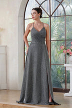 Elegant Long A-line V-Neck Halter Shiny Silk Prom Dress With Side Slit Party Dress with Pocket by BIZTUNNEL