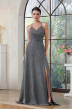 Elegant Long A-line V-Neck Halter Shiny Silk Prom Dress With Side Slit Party Dress with Pocket by BIZTUNNEL