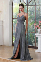 Elegant Long A-line V-Neck Halter Shiny Silk Prom Dress With Side Slit Party Dress with Pocket by BIZTUNNEL
