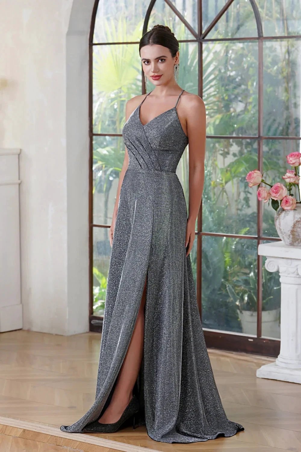 Elegant Long A-line V-Neck Halter Shiny Silk Prom Dress With Side Slit Party Dress with Pocket by BIZTUNNEL