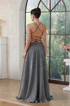 Elegant Long A-line V-Neck Halter Shiny Silk Prom Dress With Side Slit Party Dress with Pocket by BIZTUNNEL