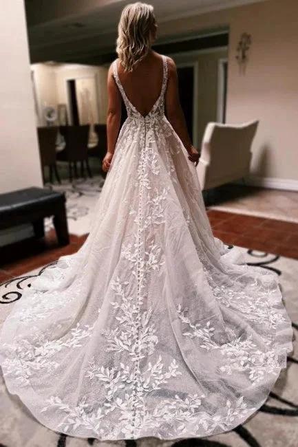 Elegant Long A-line V-neck Backless Lace Glitter Sleeveless Wedding Dresses by misshow.com