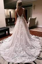 Elegant Long A-line V-neck Backless Lace Glitter Sleeveless Wedding Dresses by misshow.com