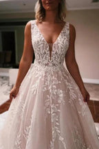 Elegant Long A-line V-neck Backless Lace Glitter Sleeveless Wedding Dresses by misshow.com