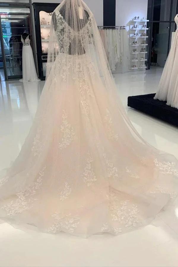 Elegant Long A-line V-neck Tulle Sleeveless Wedding Dresses with Lace by misshow.com