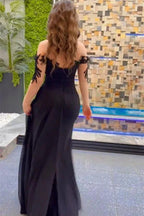 Elegant Long Black Mermaid Chiffon Lace Beading Long Sleeves Prom Dress With Slit by misshow.com